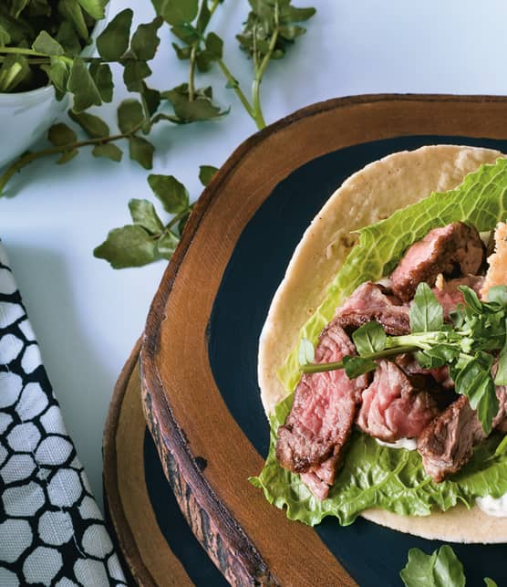 tacos filet de boeuf, chips de parmesan