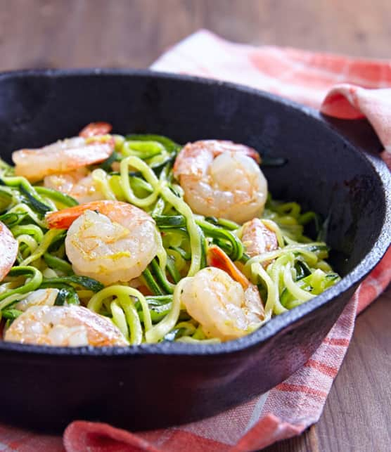 spaghettis de Zucchinis avec sauce crémeuse au vin blanc et crevettes