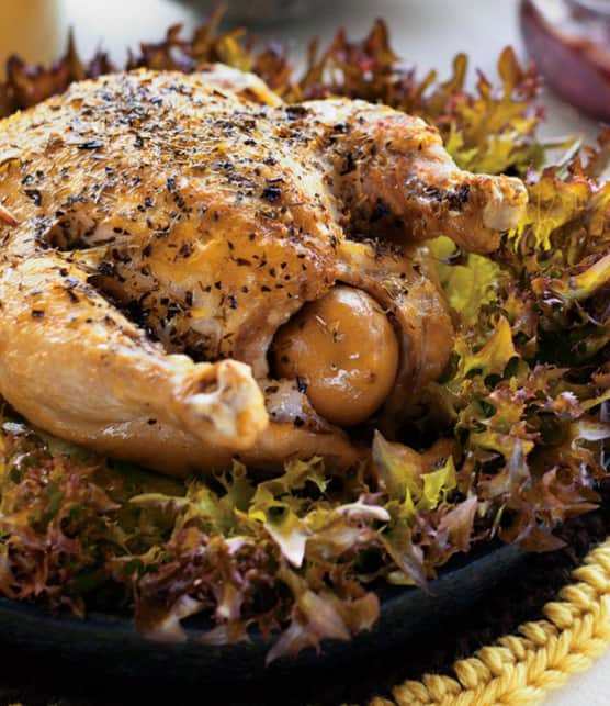 poulet de Cornouailles au citron confit, aux herbes et à l'érable