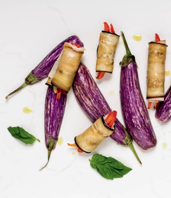 Roulade d’aubergines, dinde fumée, mozzarella et basilic