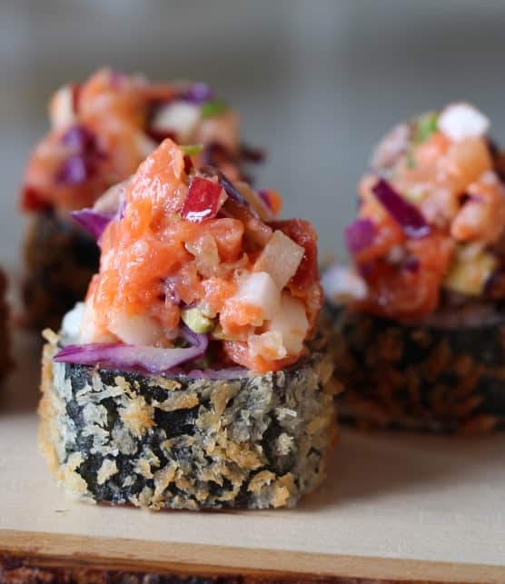 Hosomaki tartare de truite, saumon fumé et cidre