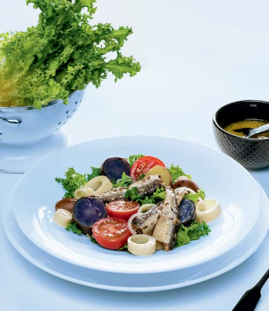 Salade de sardines, pomme de terre grelots et tomates cerises