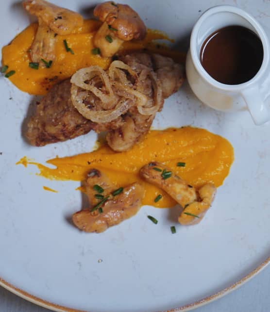 Ris de veau, sauce porto et moelle, purée de carottes à l’érable