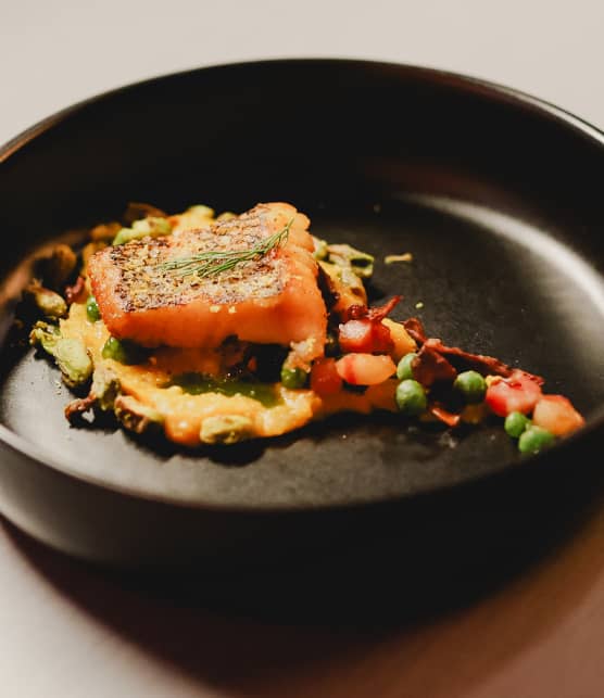 Bar noir, purée de courge et sauce aux champignons