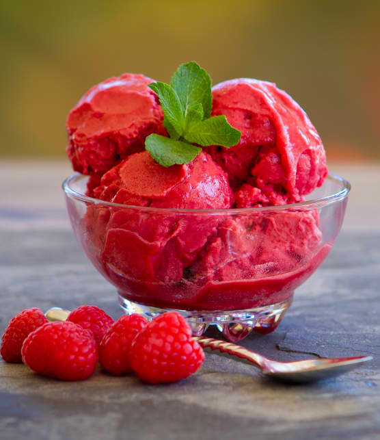 Sorbet framboises, mangues et basilic