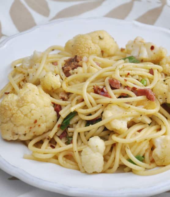 carbonara au chou-fleur et champignons rôtis
