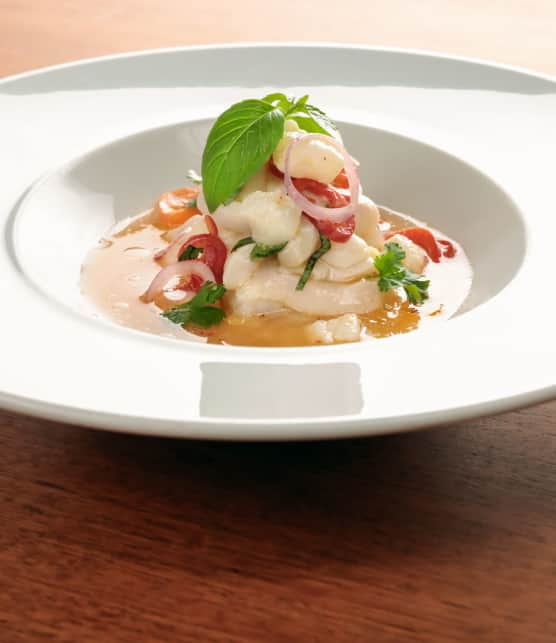 ceviche de pétoncle et de flétan