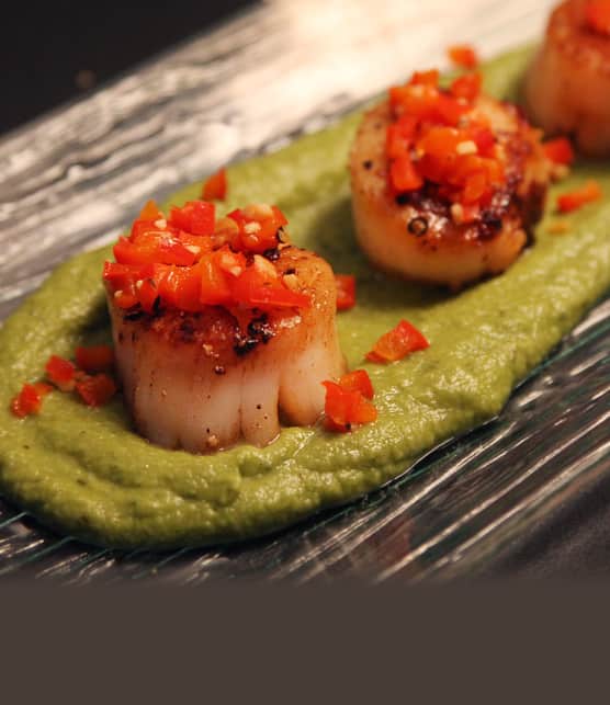 jetons de pétoncles poêlés sur tapis de purée de pois vert et dés de poivron rouge