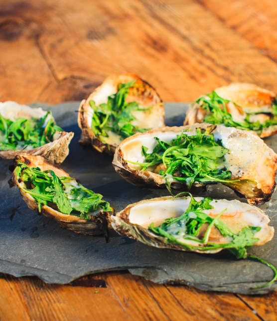 huîtres au cheddar et roquette