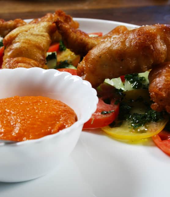 filets de rouget frits à la bière et ketchup aux tomates
