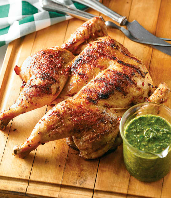 Poulet en crapaudine, sauce chimichurri