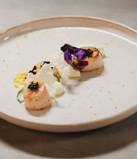 Pétoncles poêlés, purée de panais et gelée de mandarine à l’érable