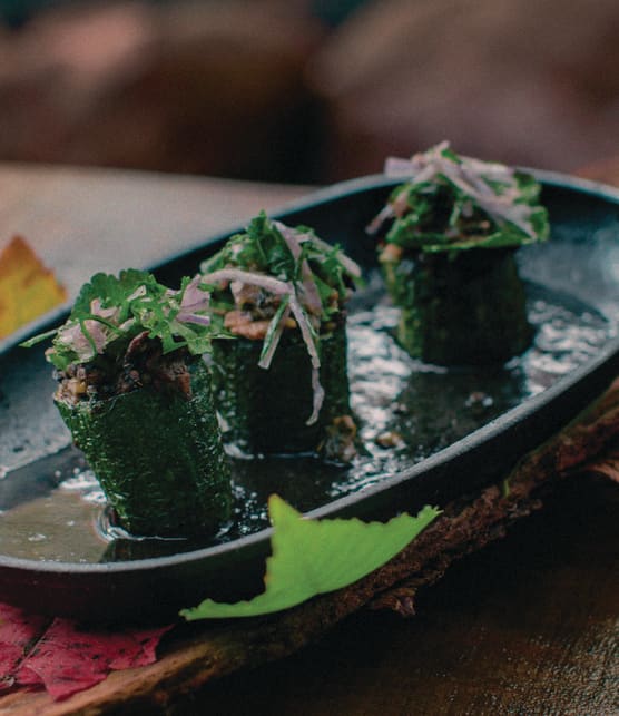 Courgette farcie aux lentilles et duxelles de champignons séchés